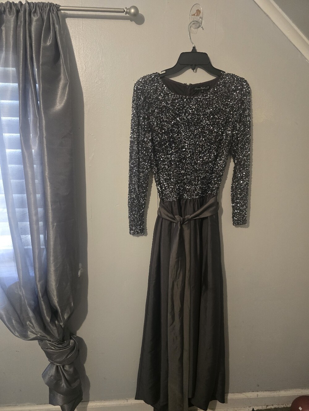 Pisarro Nights Beaded Bodice Taffeta A-Line Gown Black & Silver Size 14